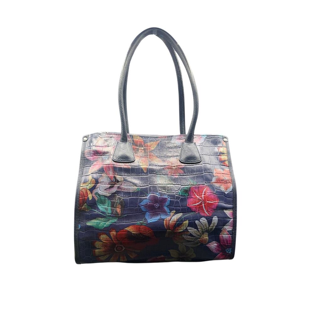Claudia Firenze Italian Leather Floral Croc Embossed Satchel blue